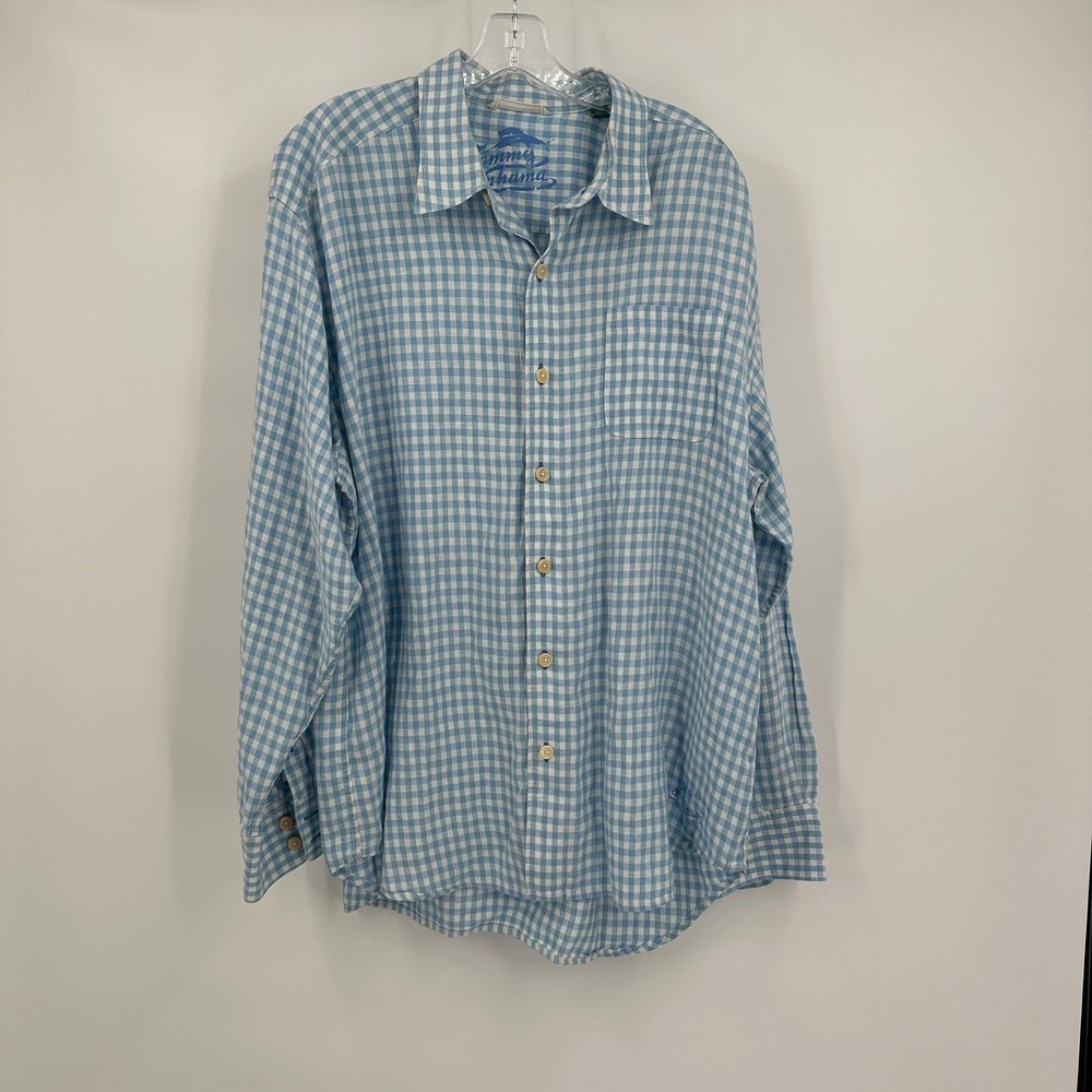 Tommy Bahama Men Coastal Linen Button Up Shirt Size XL Gingham Check Miami